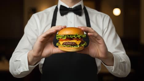 a chef graces the spotlight with a delicious gourmet hamburger, skillfully presented to showcase its juicy layers of flavor and fresh ingredients