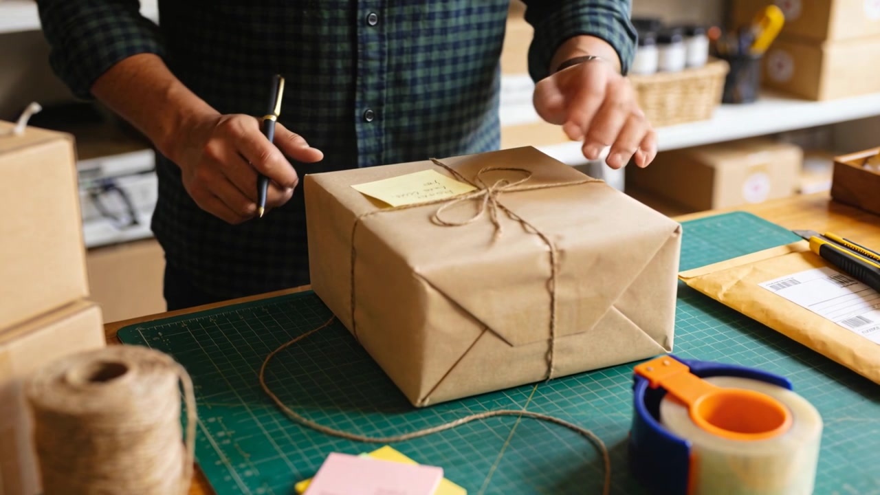Receiving order alert worker writing label at pack desk adjusting twine wearing green plaid top