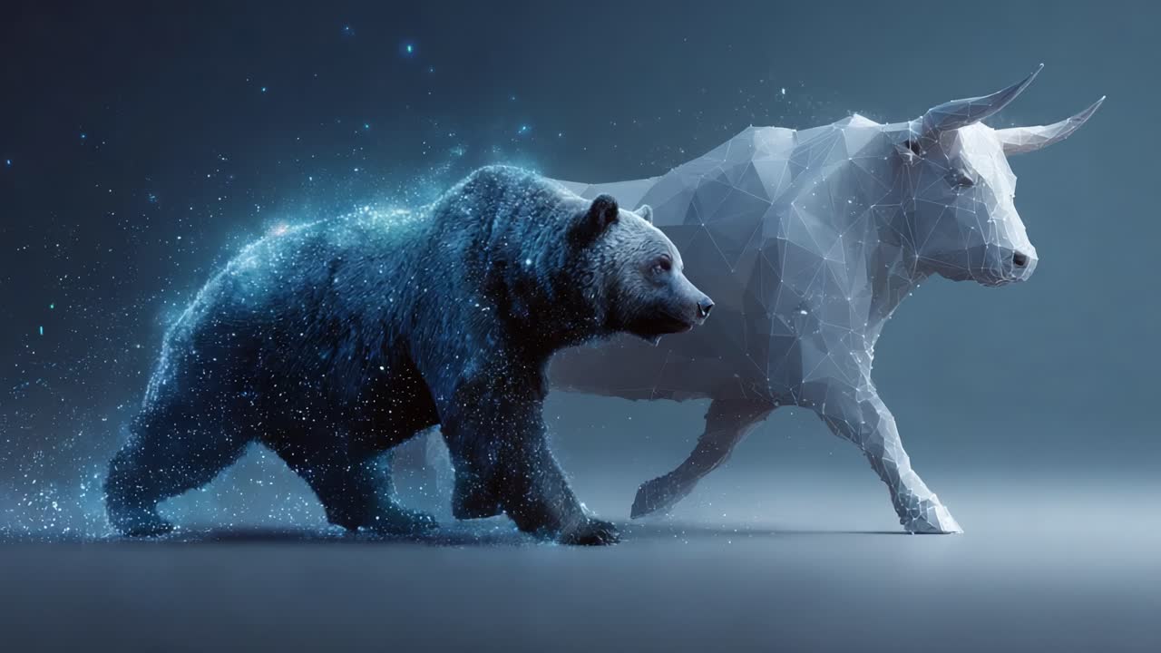 A Stunning Contrast Between the Organic Form of a Bear and the Geometric Design of a Bull, Representing the Battle Between Nature and Abstract Conceptualization