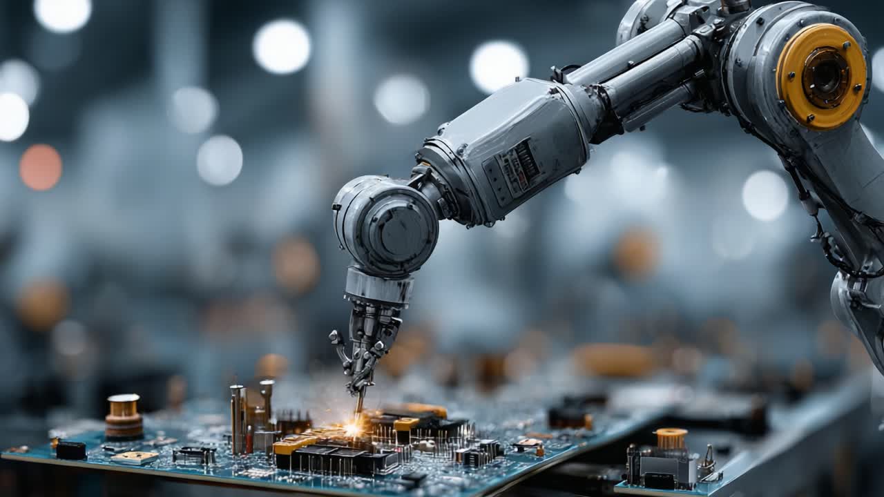 Advanced Robotic Arm Assembling Circuit Board in High-Tech Factory Setting, Showcasing Precision and Innovation in Automation Technology and Electronics Manufacturing