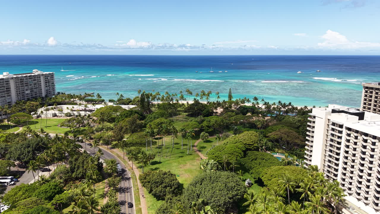 Aerial View of Honolulu, Hawaii USA, Derussy Park and Buildings by Waikiki Beach, Drone Shot