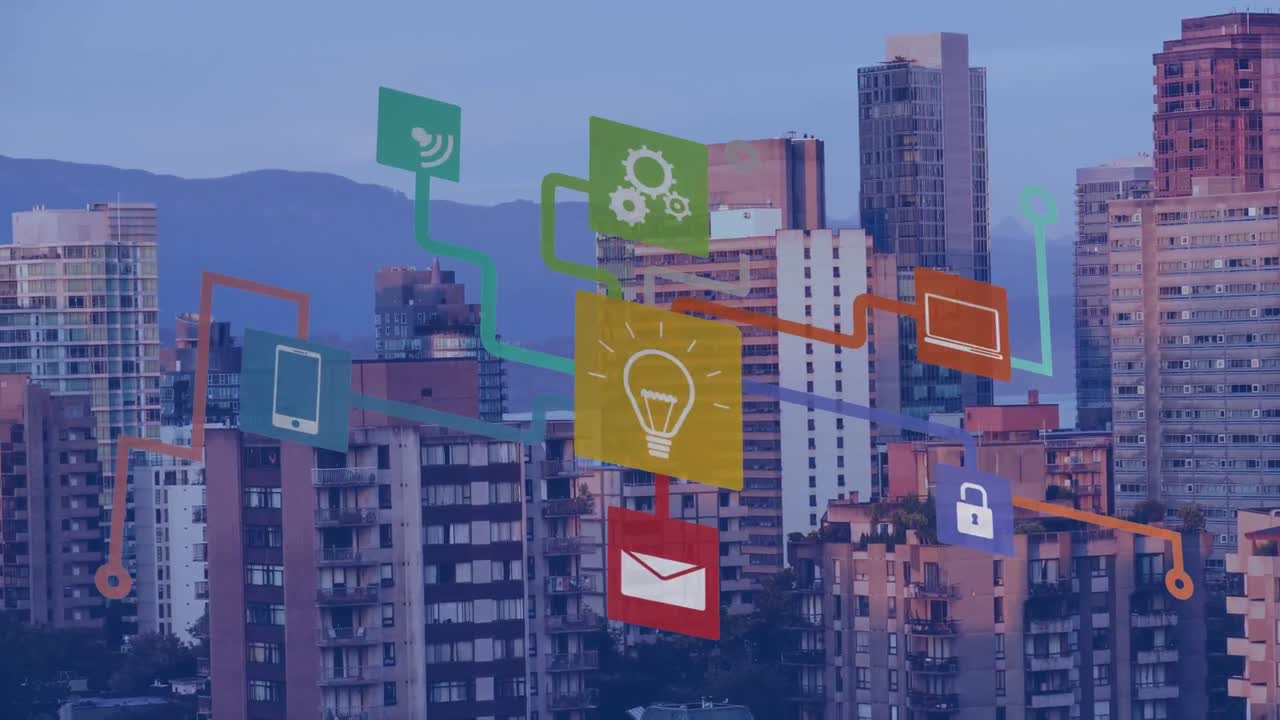 animación de iconos tecnológicos sobre el paisaje urbano