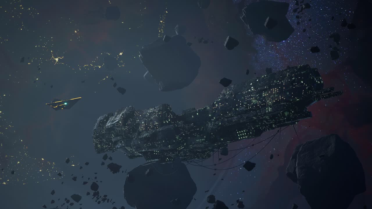 Massive Spaceship Among Asteroids In Deep Space
