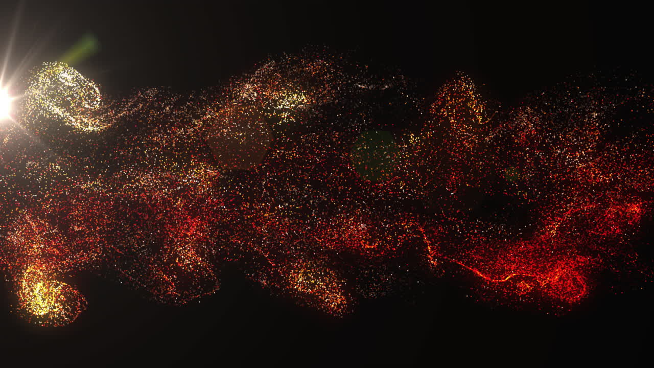 Abstract particles forming dynamic shapes, colorful animation on dark background
