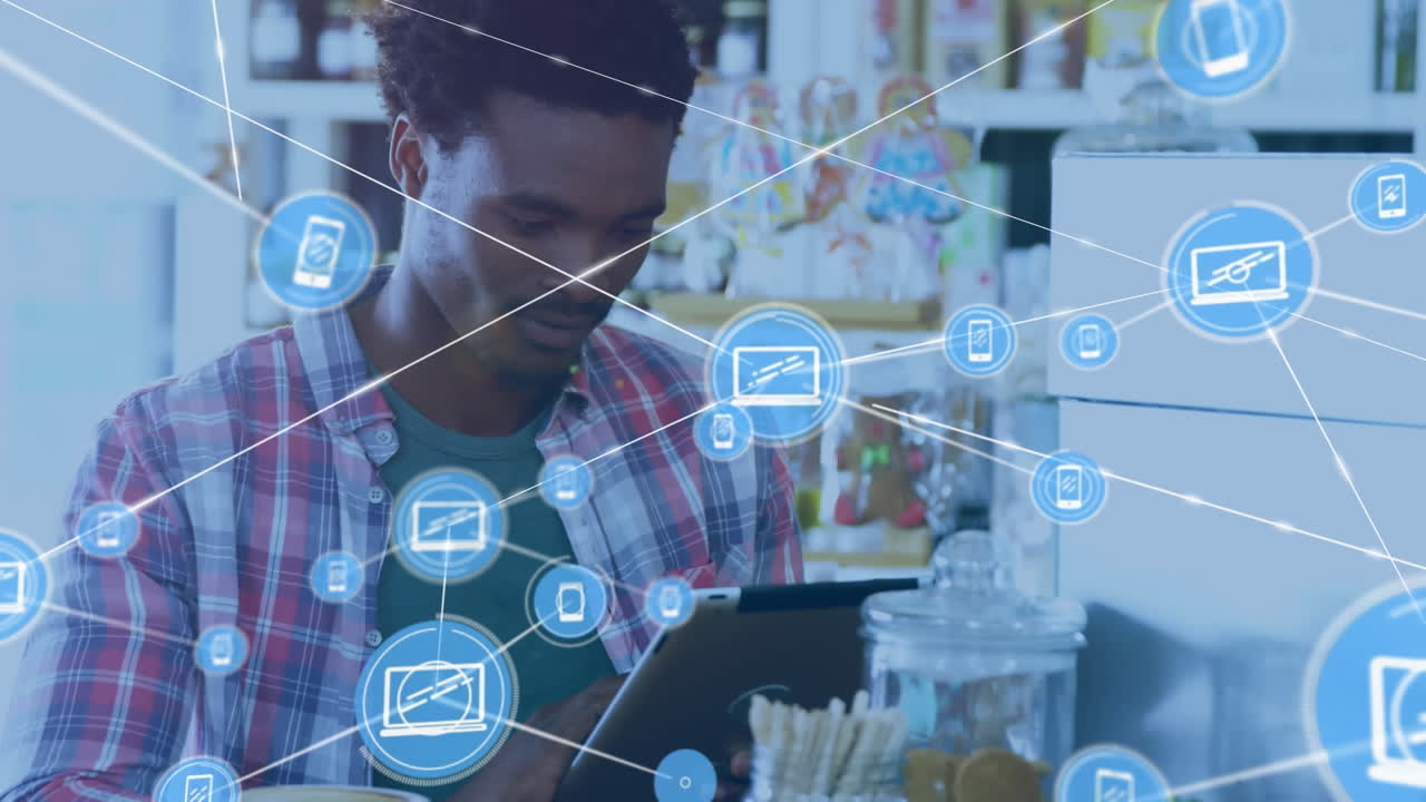 animación de la red de conexiones con iconos sobre el empresario afroamericano.