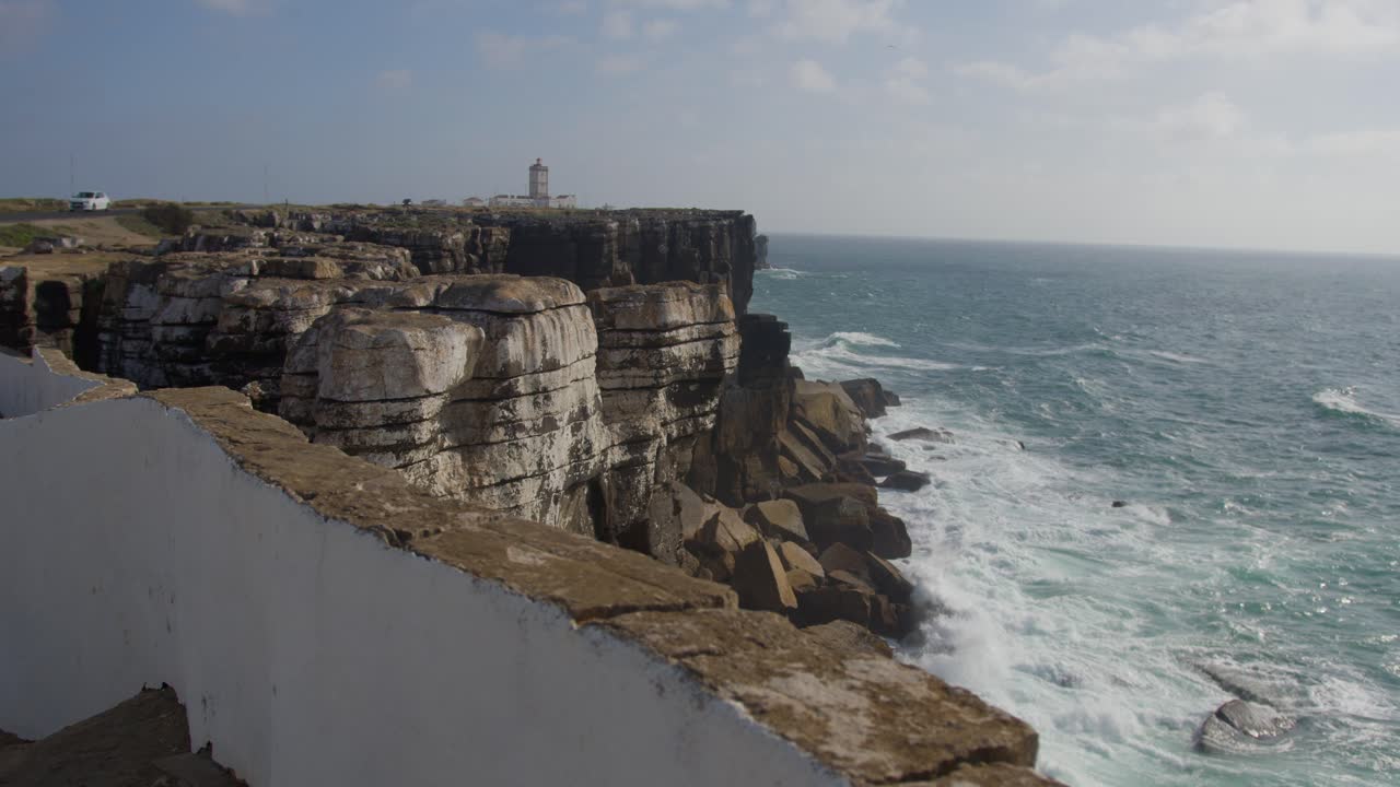 Unique Coastal Rock Formations by the Sea in slow motion, day. This is in Peniche, Portugal. With a view to the atlantic ocean
