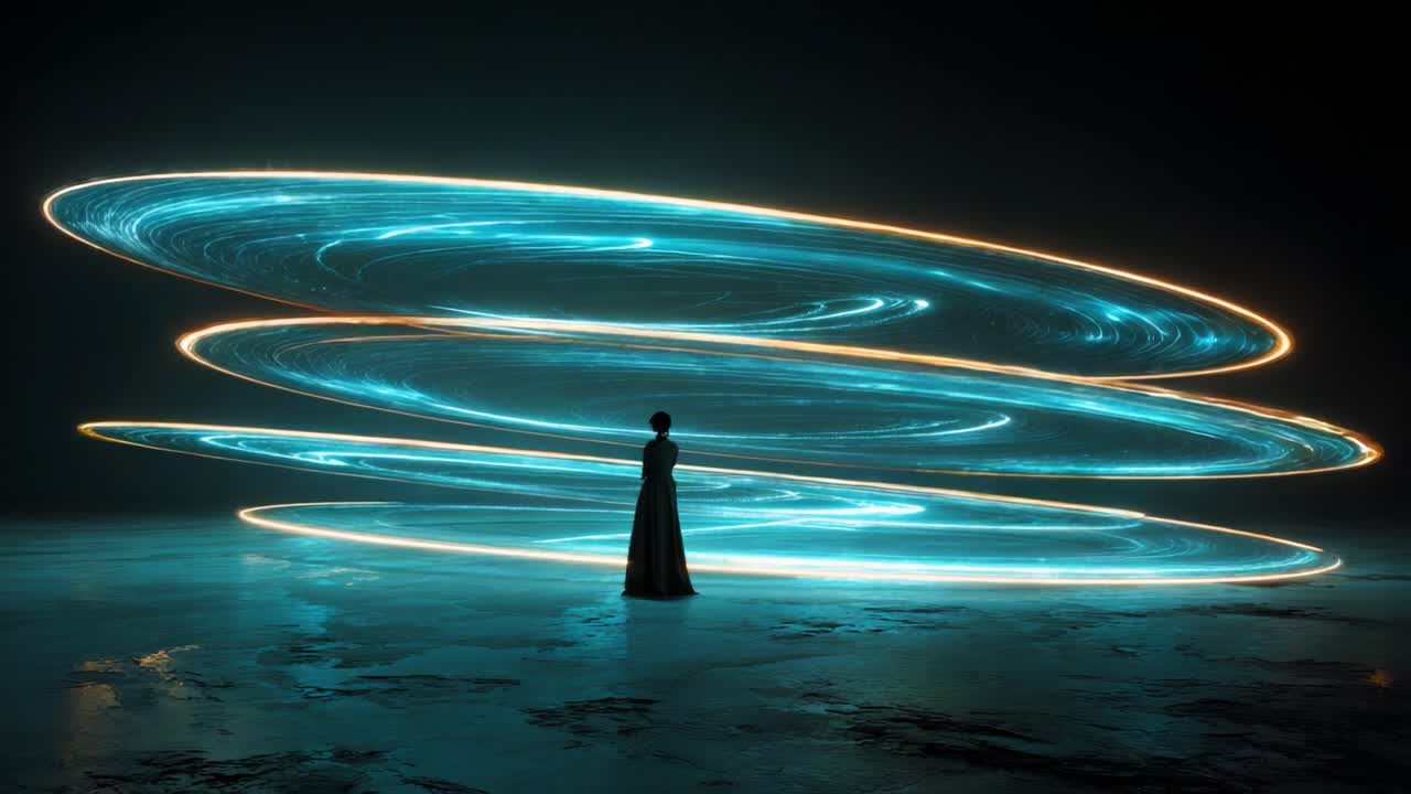 A Mystical Encounter: A Figure Stands in Awe Before a Flourishing Display of Whirling Blue and Gold Energy, Captivated by the Mesmerizing Beauty of Spinning Light Trails in a Darkened Realm