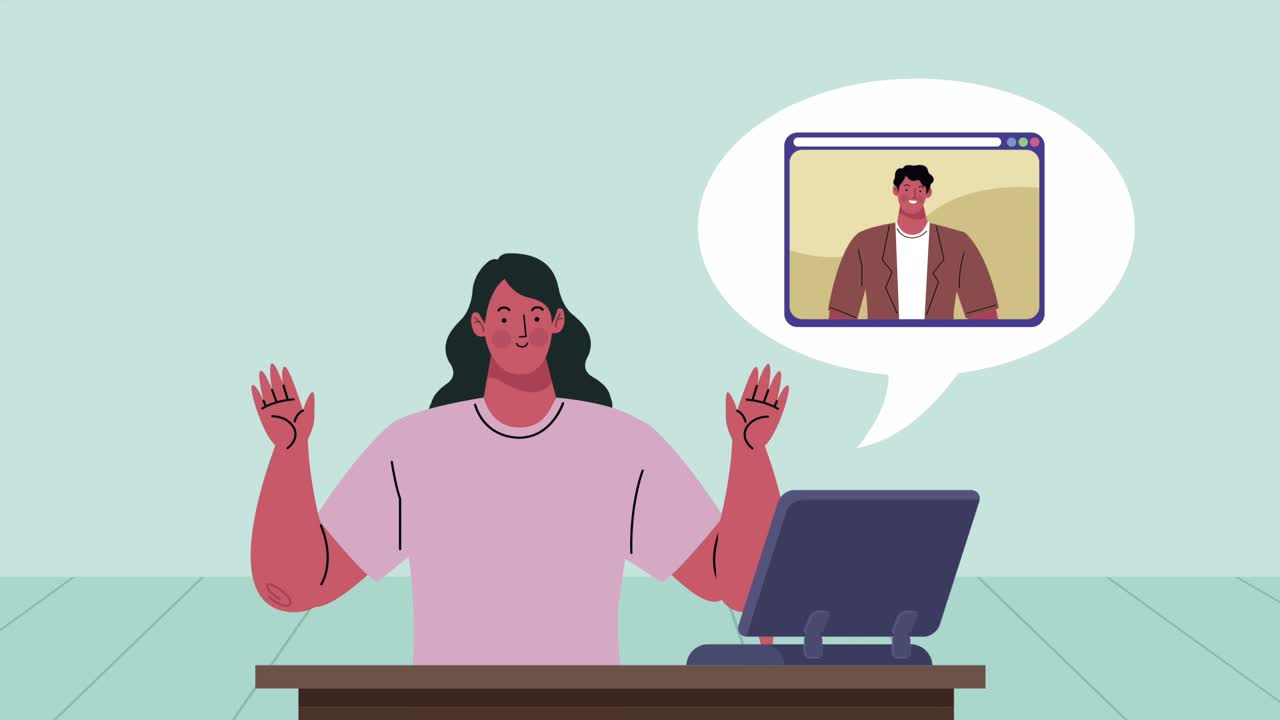 video conference animation with woman using laptop