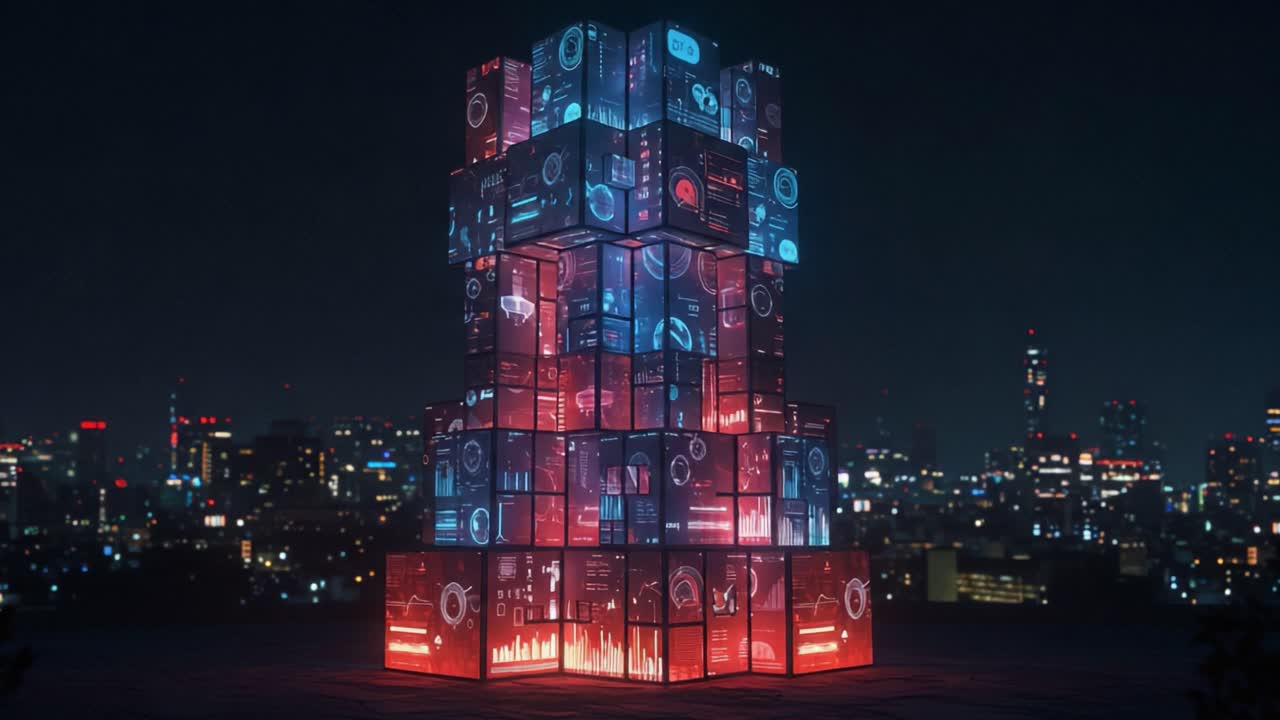 A Stunning Display of Digital Art and Technology: A Tower of Illuminated Cubes Captivates the Night Sky Over a Cityscape Full of Lights and Data Visualizations