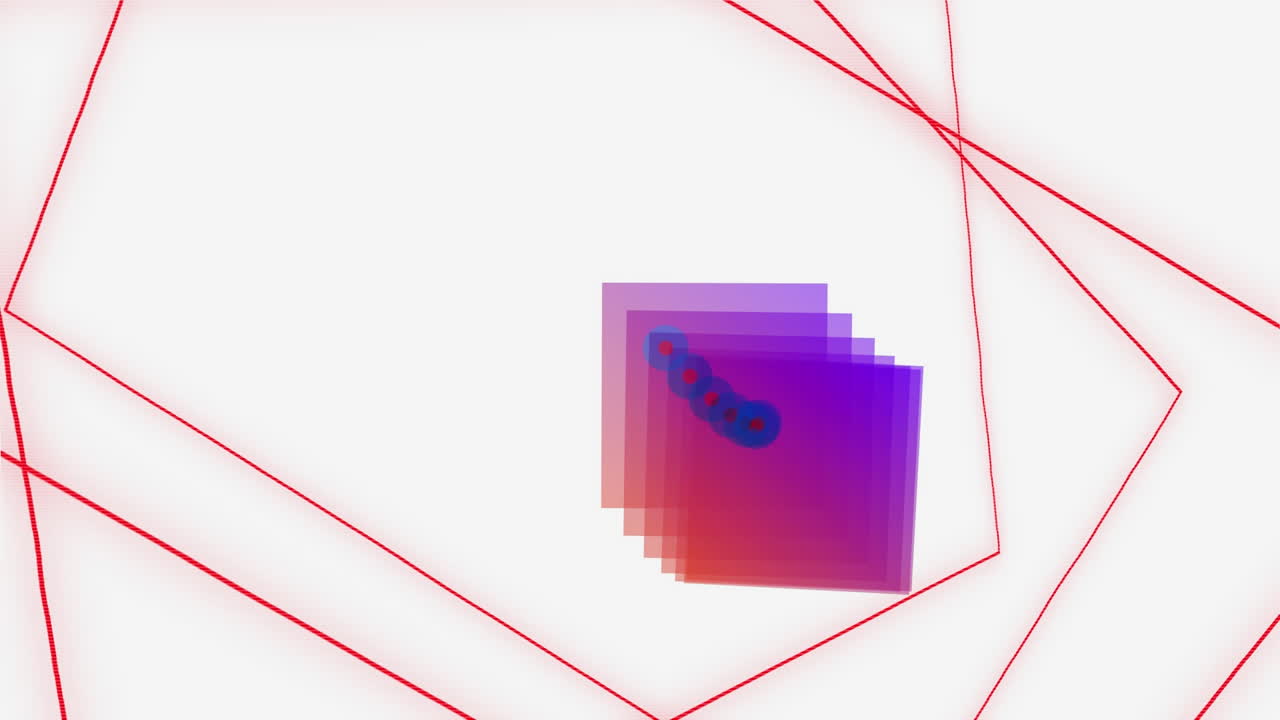 cuadrado púrpura y naranja con senderos sobre líneas rojas en movimiento sobre fondo blanco