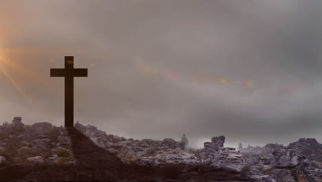 animación de luces brillantes sobre el crucifijo y el paisaje