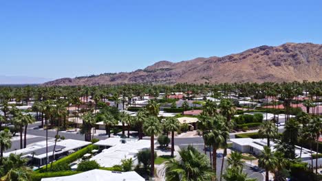 vista aérea de drones de south palm springs con montañas, vecindarios modernos de mediados de siglo y palmeras oscilantes