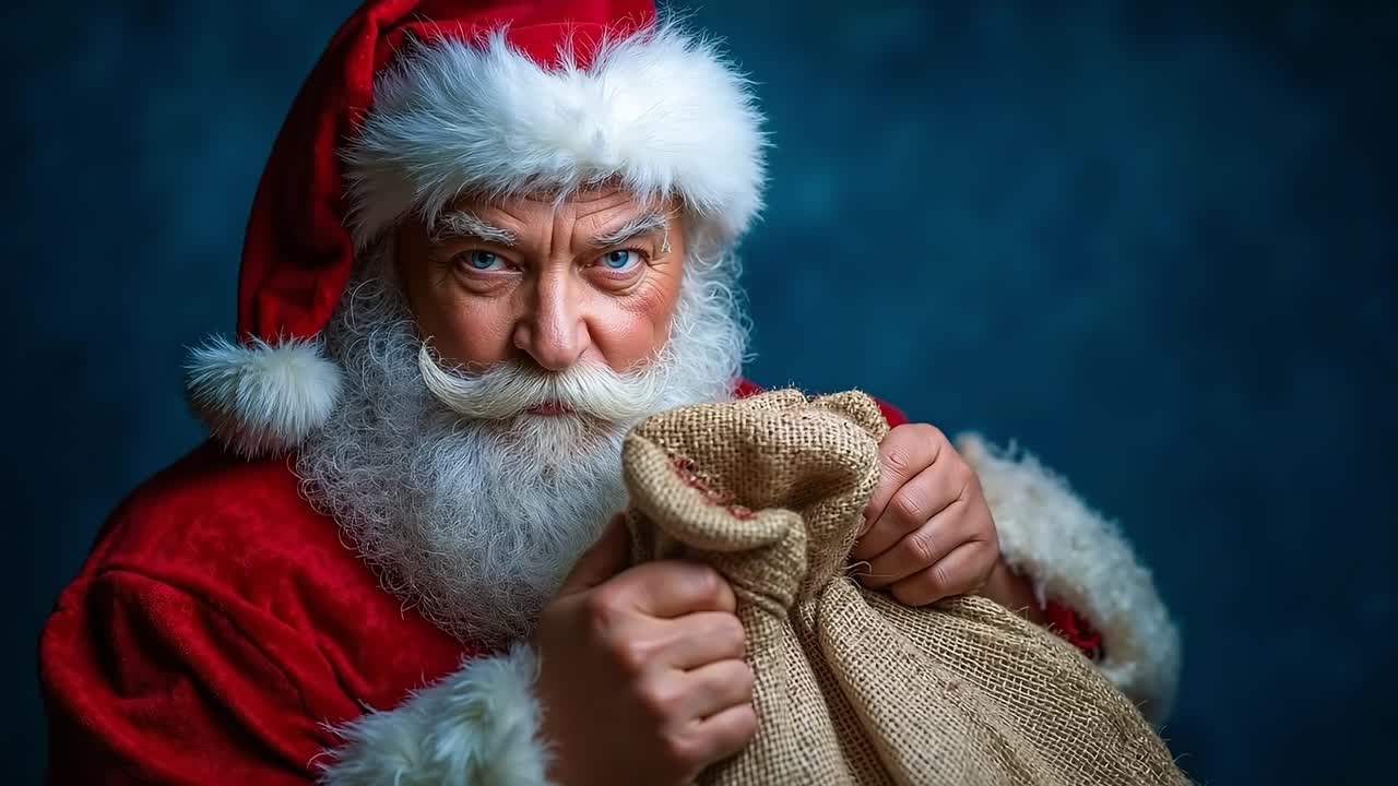A man dressed as Santa Claus holding a sack of presents