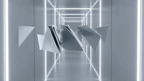 abstract geometric shapes in a futuristic neon corridor