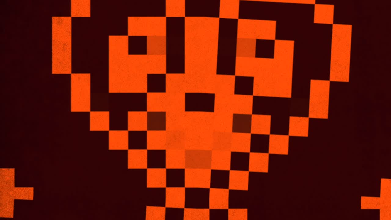 cara intensa y pixelada con ojos rojos brillantes mira directamente al espectador