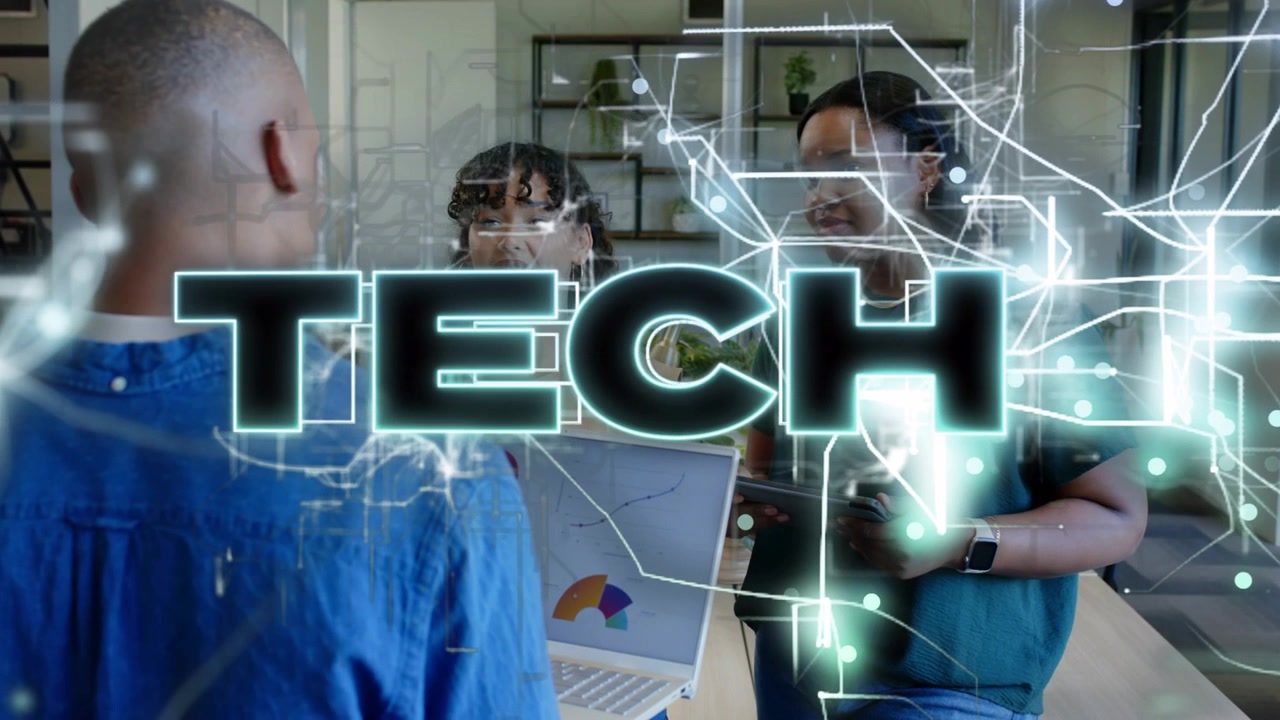 Team tapping laptop and analyzing chart for tech pitch, neon overlay obscuring group and circuitry