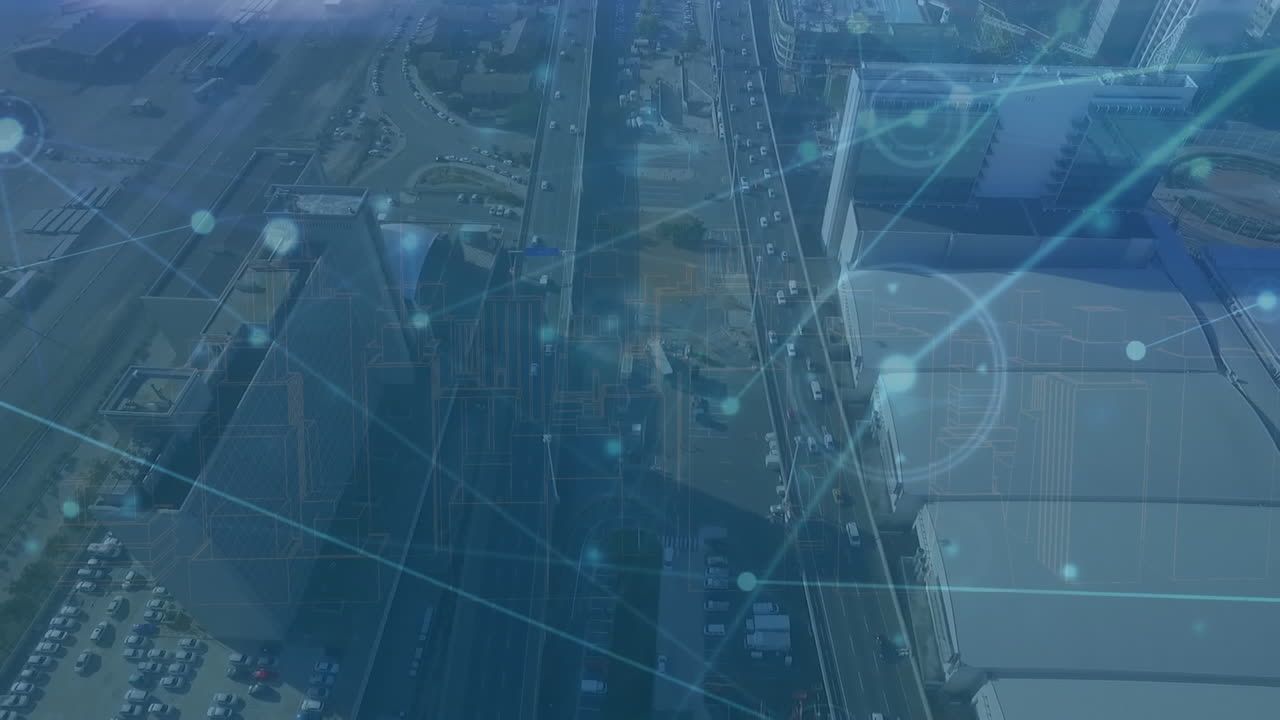 Animazione di rete di connessioni su paesaggio urbano