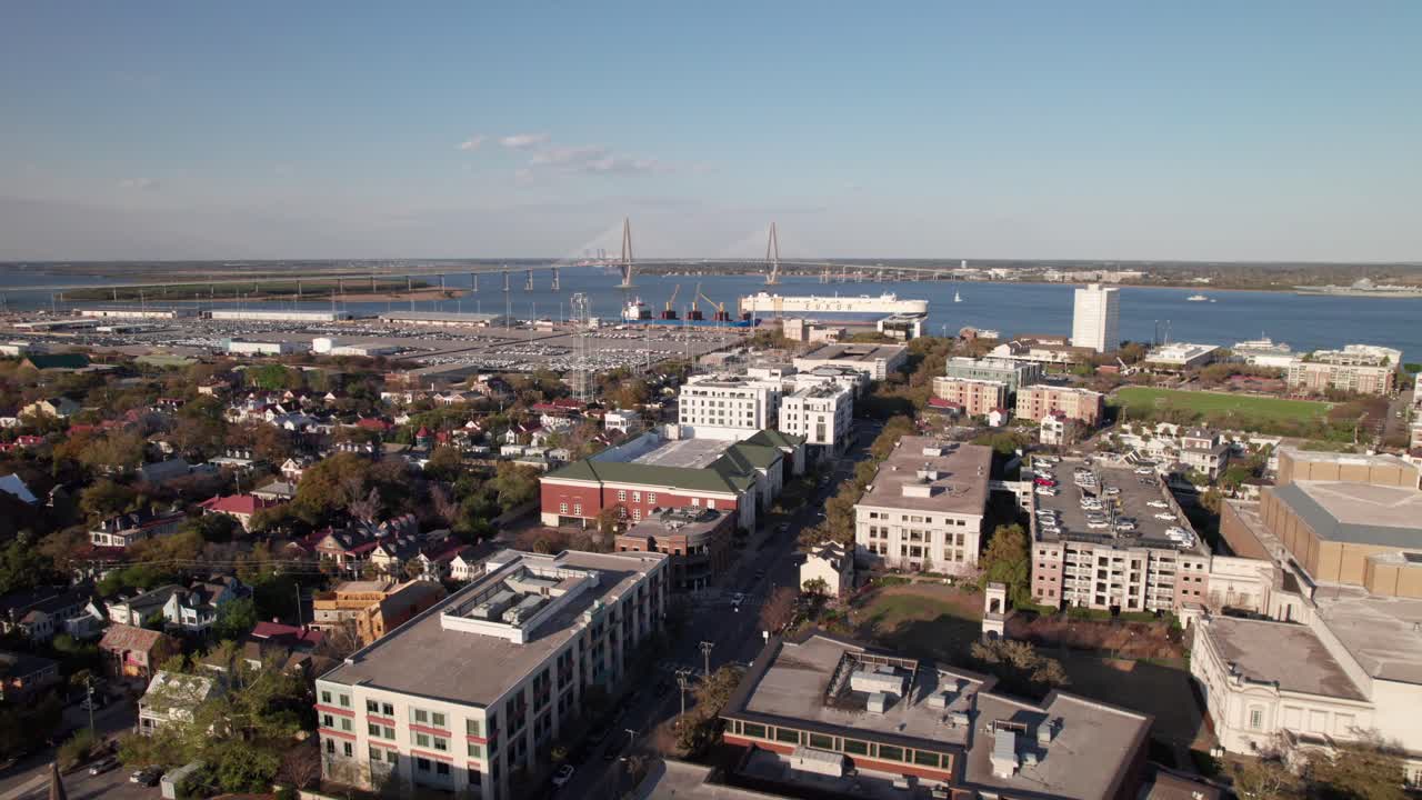Aerial shot along Calhoun Street in downtown Charleston, SC, 4K