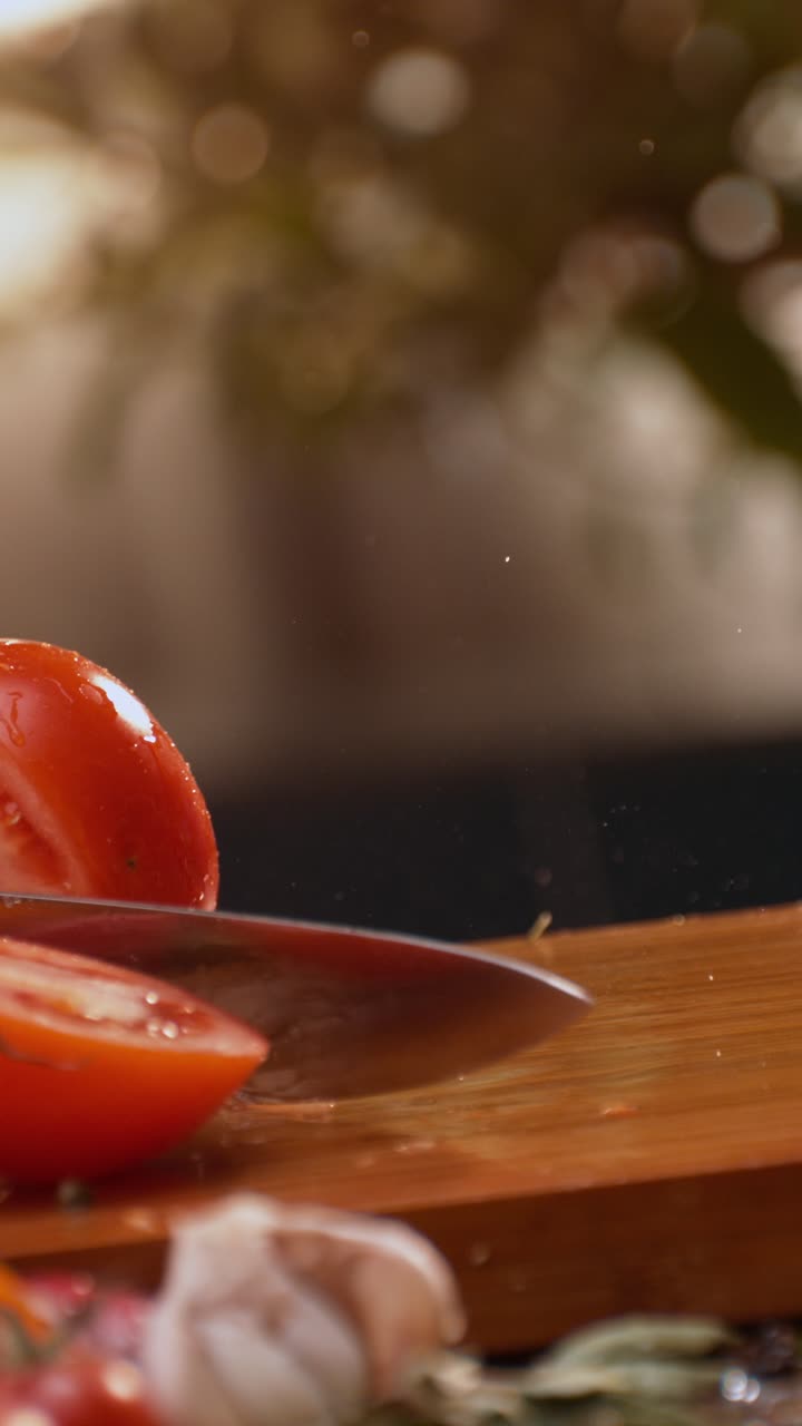 Cutting Tomatoes on a Wooden Board