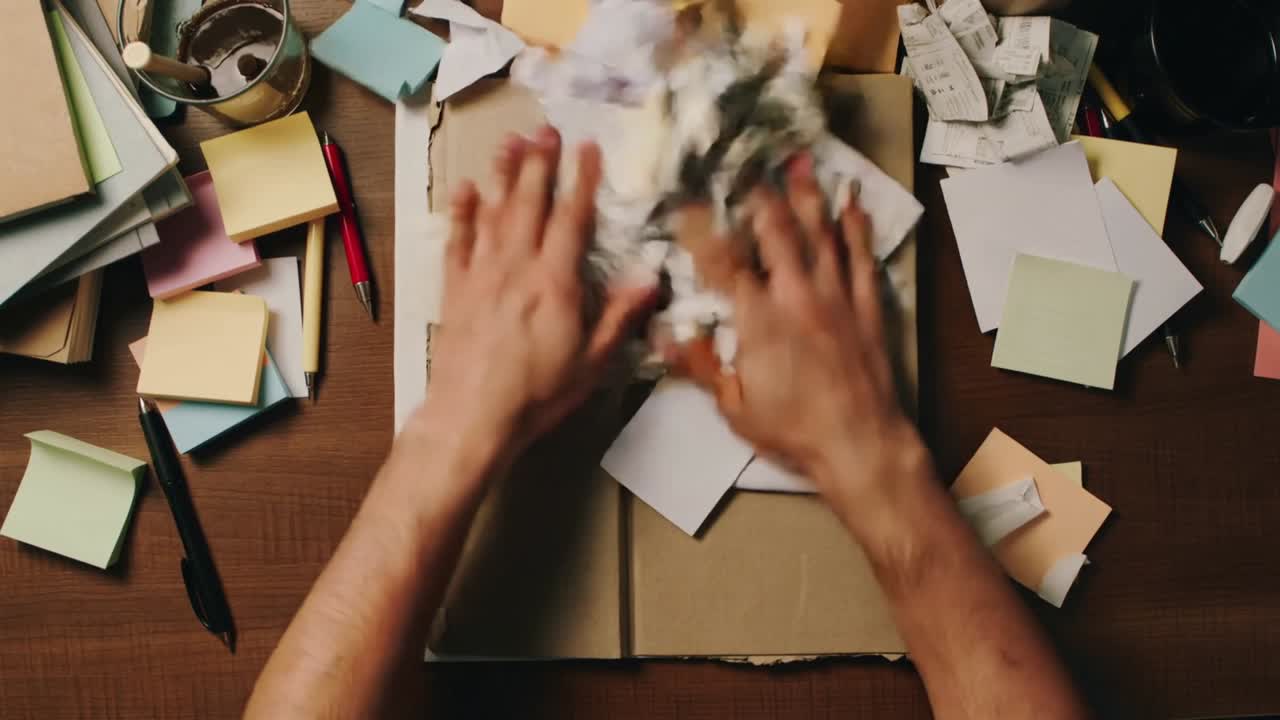 Entering hands sorting crumpled papers to organize open cardboard folder at wooden desk, with pens