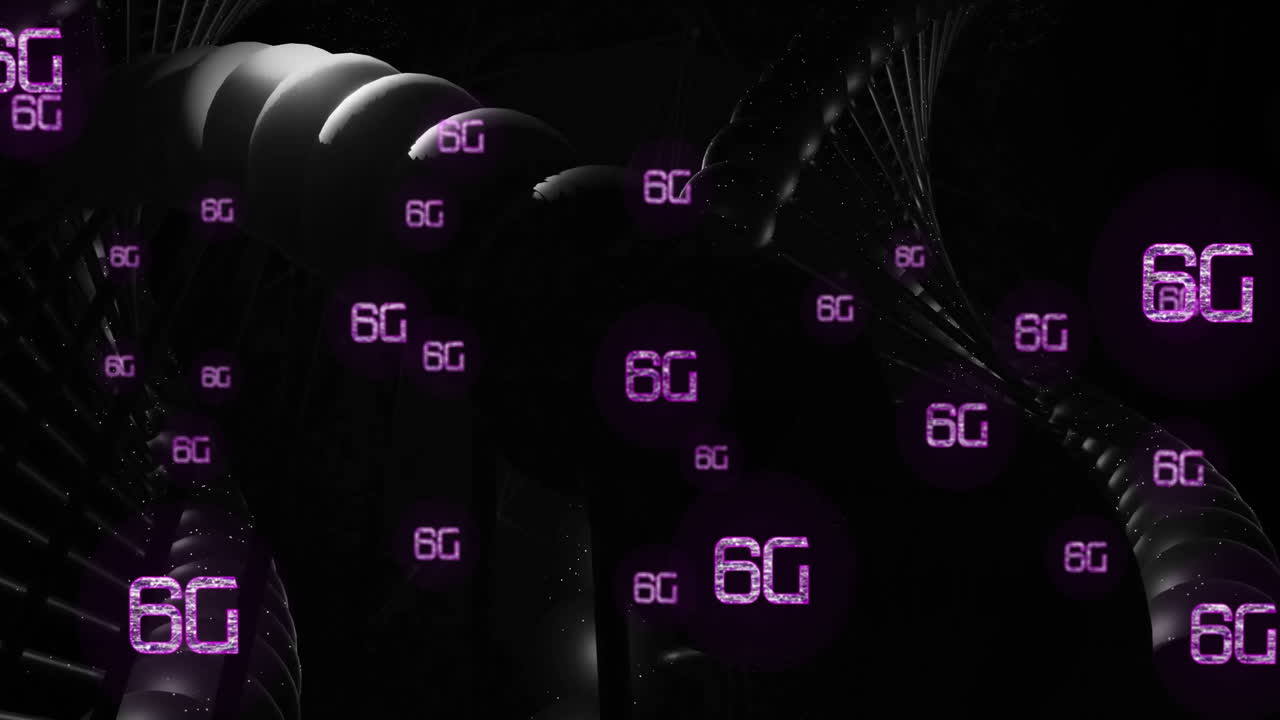 6G text animation over abstract black spheres and DNA strand