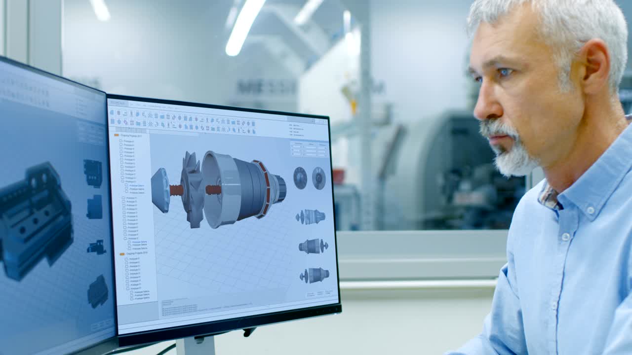 ingegnere industriale senior che lavora su un personal computer con schermo verde, sta progettando un nuovo componente nel programma cad. fuori dall'ufficio è visibile la fabbrica di componenti per finestre.