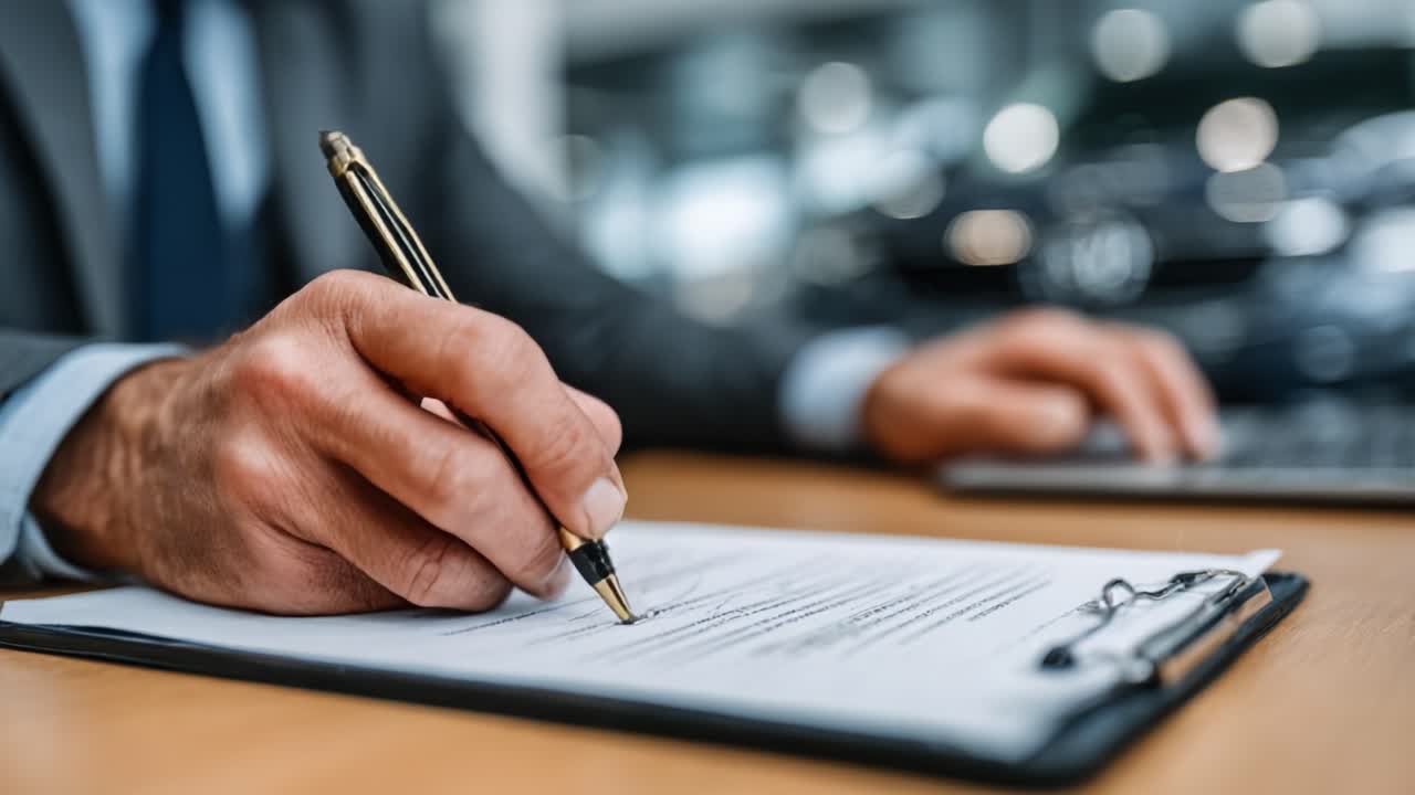 Una mano professionale pronta a firmare documenti importanti su un portablocco, che mostra il momento decisivo in una transazione o un accordo significativo, con un'attenzione meticolosa ai dettagli