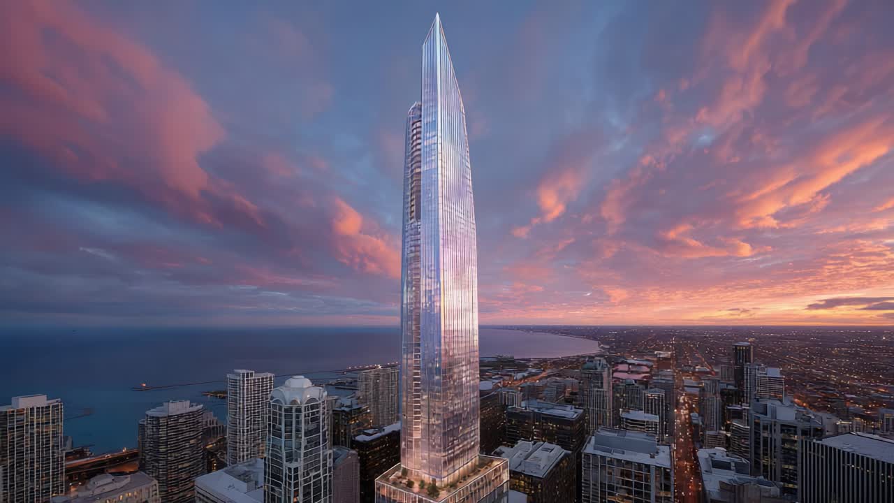 Una trasformazione serale mozzafiato: la torre risplende sotto il cielo crepuscolare, catturando la bellezza dell'architettura urbana su uno sfondo drammatico al tramonto