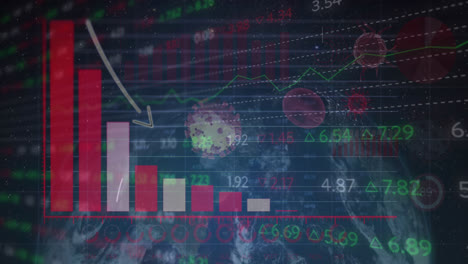 Animation-of-digital-interface-showing-statistics-with-globe-spinning