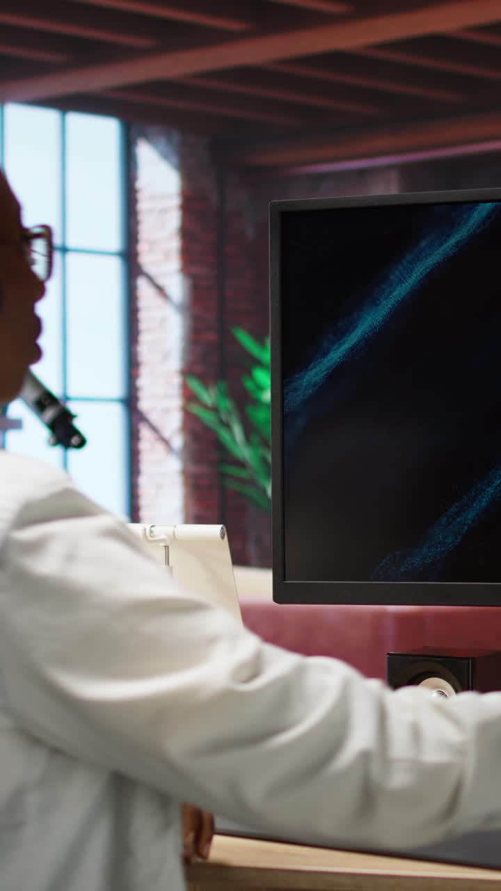 Vertical video Woman listening and watching business conference on computer screen