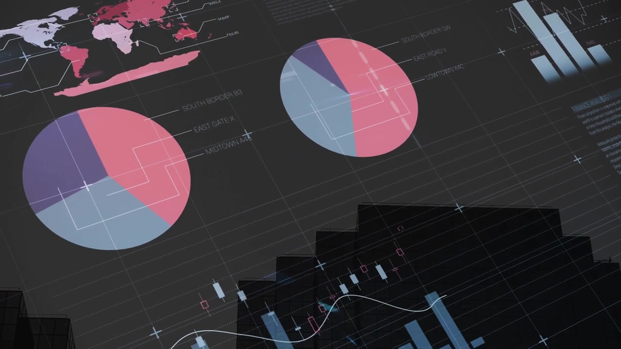 Animation of financial data processing over cityscape