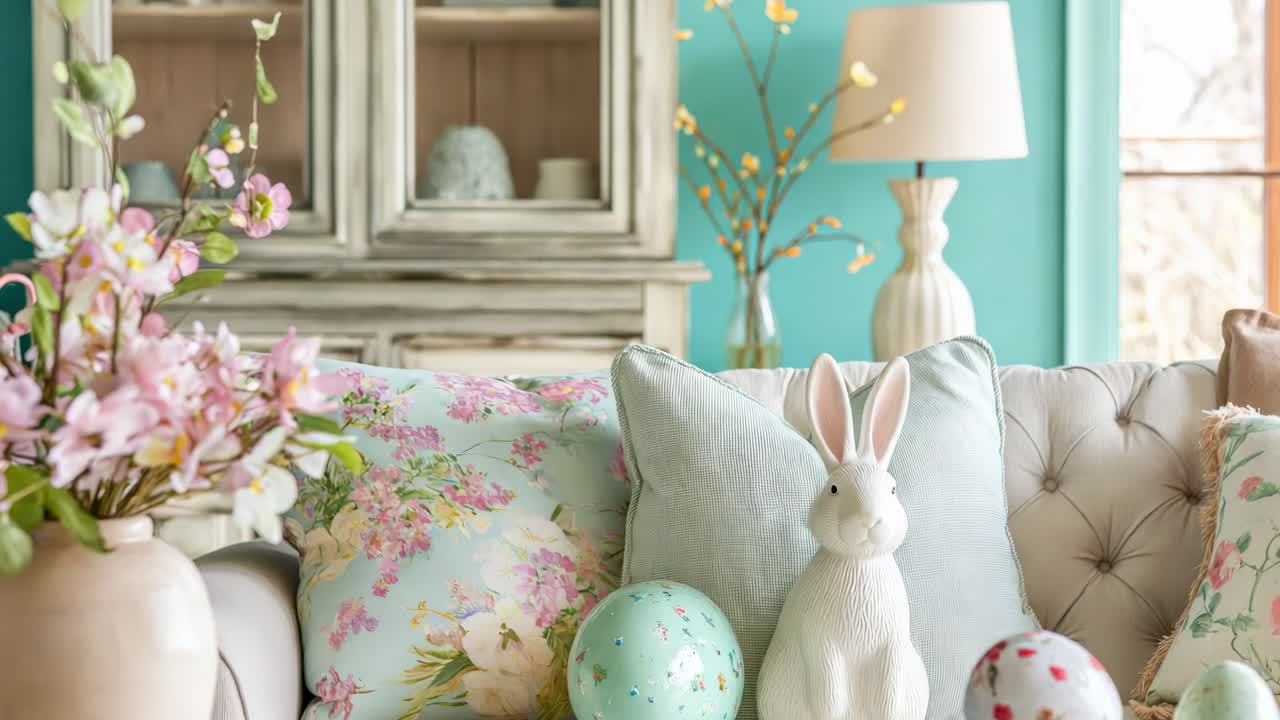 Easter decorations, including a ceramic bunny and pastel colored eggs, grace a tastefully arranged living room, enhancing the festive ambiance with spring flowers