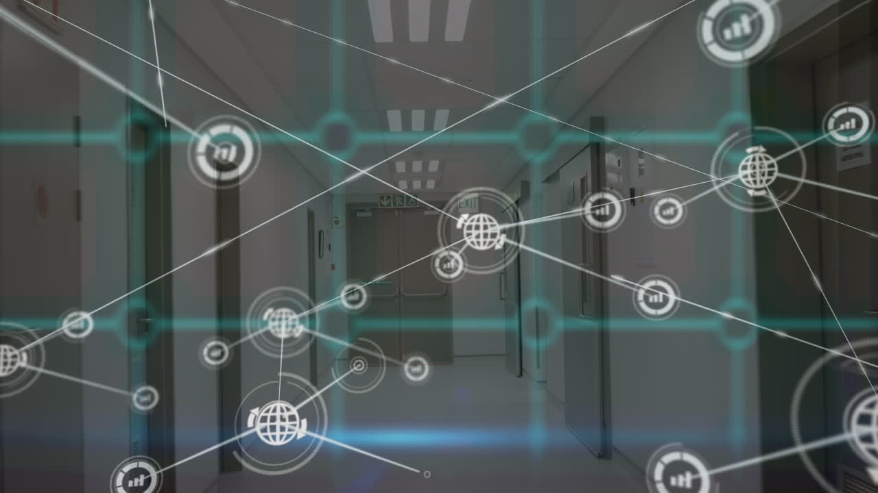 Network of digital icons and squared shape abstract pattern design against hospital corridor