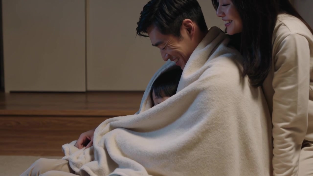 リビングルームで、服を着た母親が、子供を抱いている父親にベージュの毛布をかけ、暖かくしている。