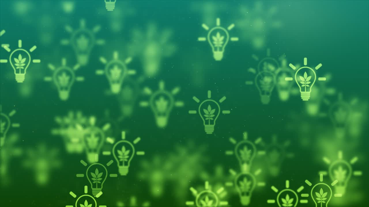 concepto de ecología verde, íconos de bombillas voladoras, idea verde, fondo de giro en bucle de resolución 4k