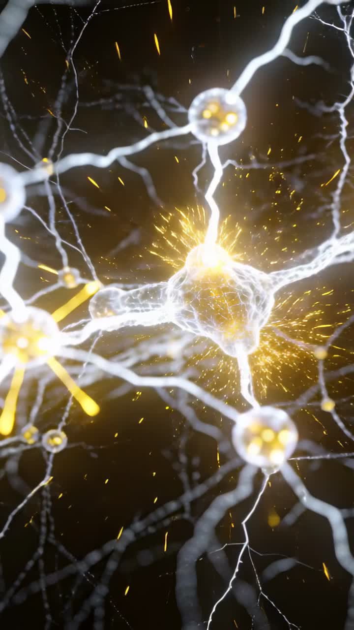Pulsing central soma sending current through paths after input pulse in simulation, emitting sparks