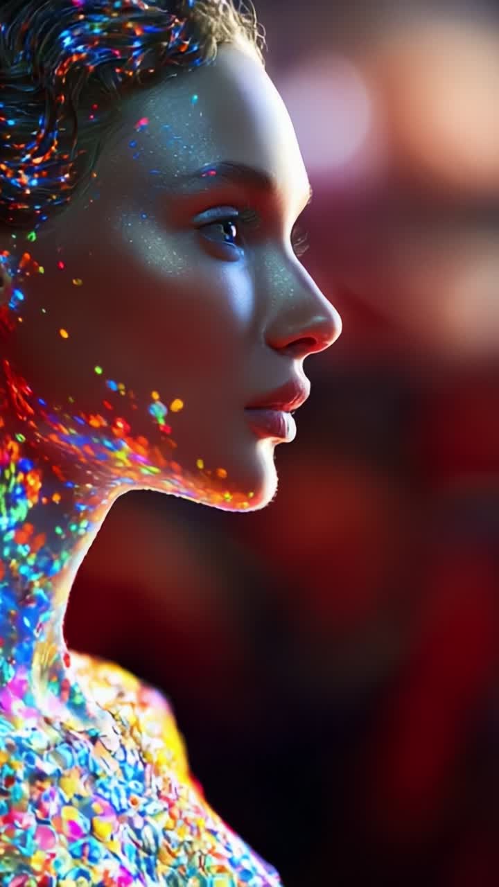 A Stunning Portrait of a Figurative Sculpture Adorned with Colorful Light Patterns, Capturing the Intricate Details and Lifelike Features in a Soft Glow