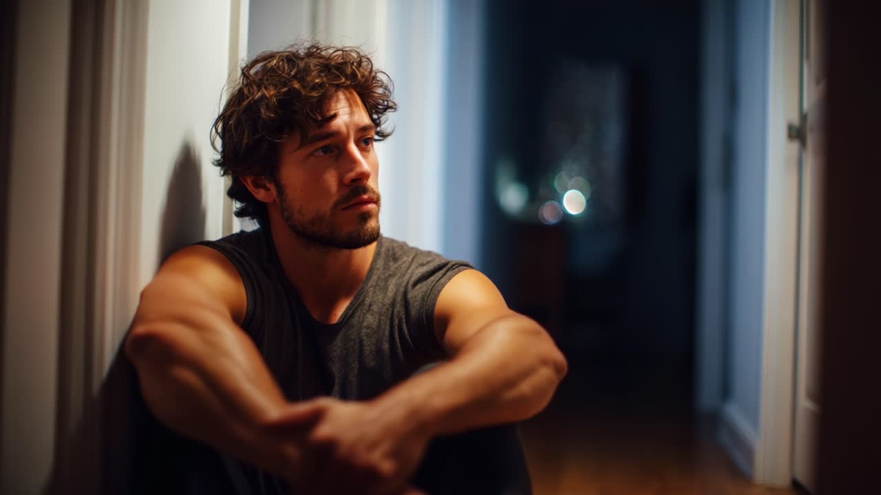 Un giovane uomo pensieroso seduto da solo in un corridoio scarsamente illuminato, che riflette sui suoi pensieri e sulle sue emozioni in un momento tranquillo e introspettivo