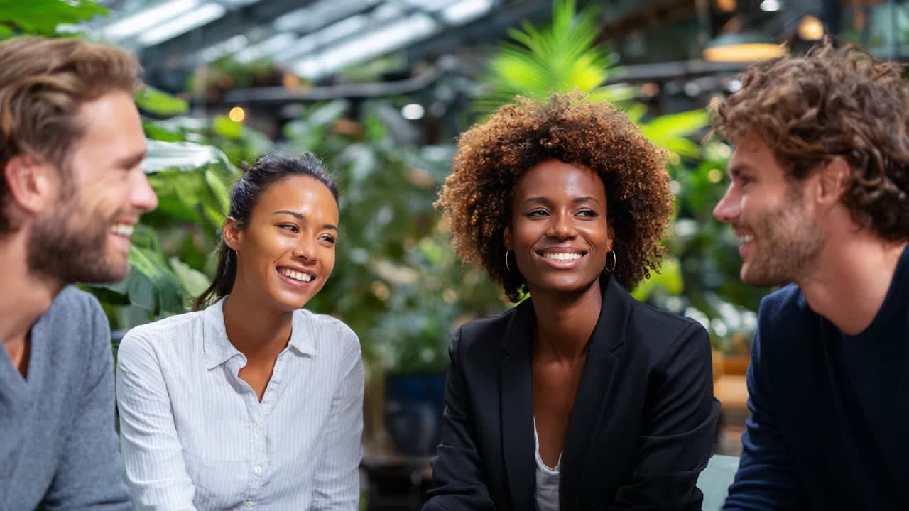 A group of four young adults sharing a joyful moment together in a vibrant indoor garden setting, filled with lush greenery and a lively atmosphere showcasing friendship and camaraderie