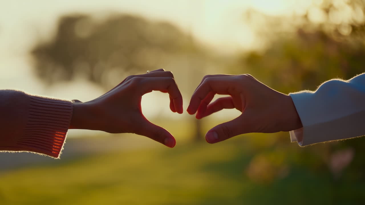 Due mani che formano un cuore contro un tramonto dorato