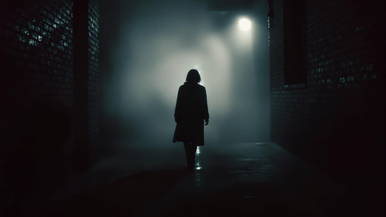 Silhouette of a mysterious woman walking alone in a dark and foggy alley at night, illuminated by a street light, creating a suspenseful and dramatic atmosphere