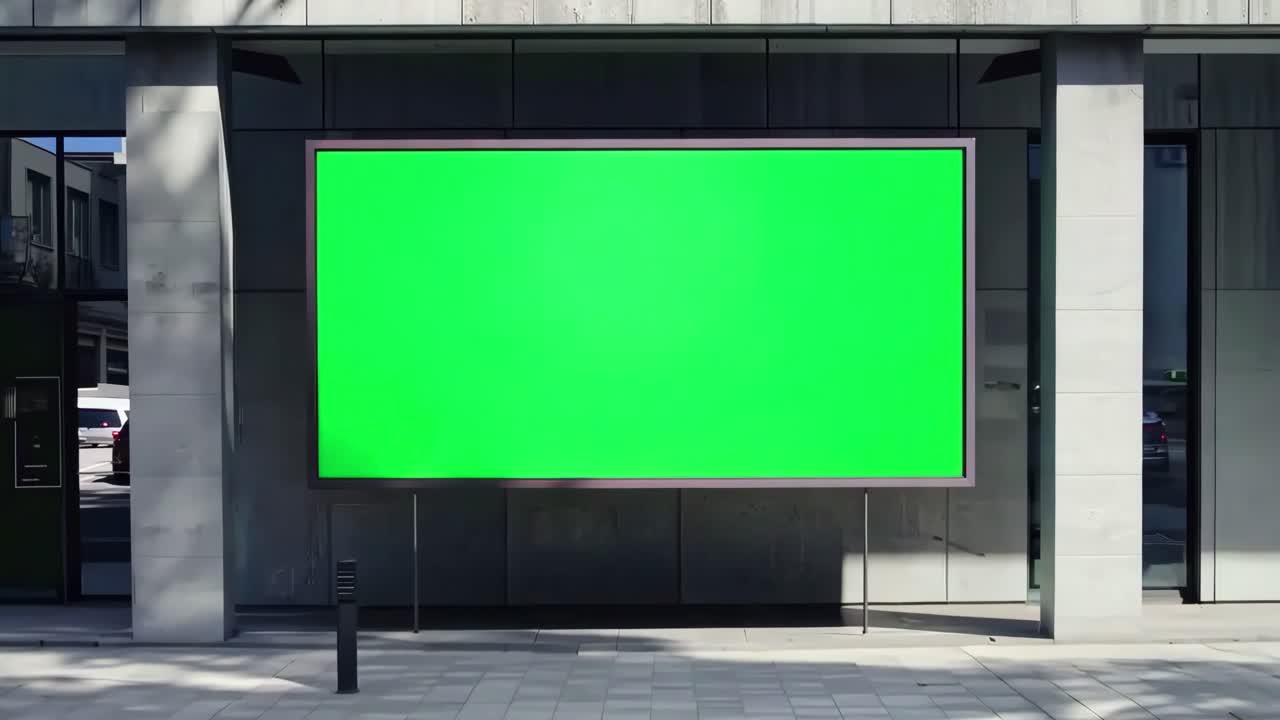 Digital billboard on exterior wall live mockup animation, transparent 4K video, green screen