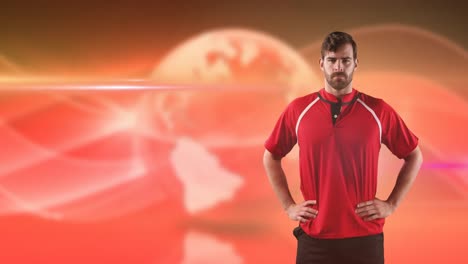 animation of caucasian male rugby player with hands on hips over orange globe with moving lights