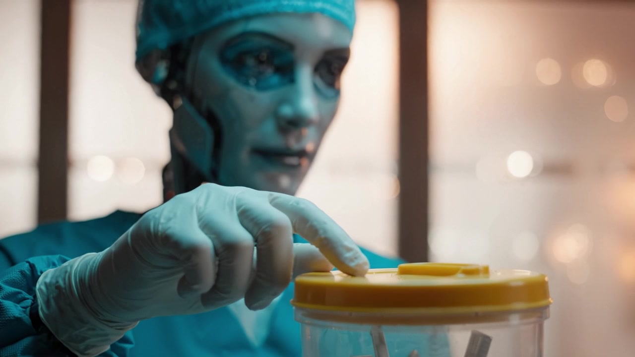 A futuristic robotic assistant examines a sterile container filled with medical instruments, showcasing advanced technology and artificial intelligence in healthcare.