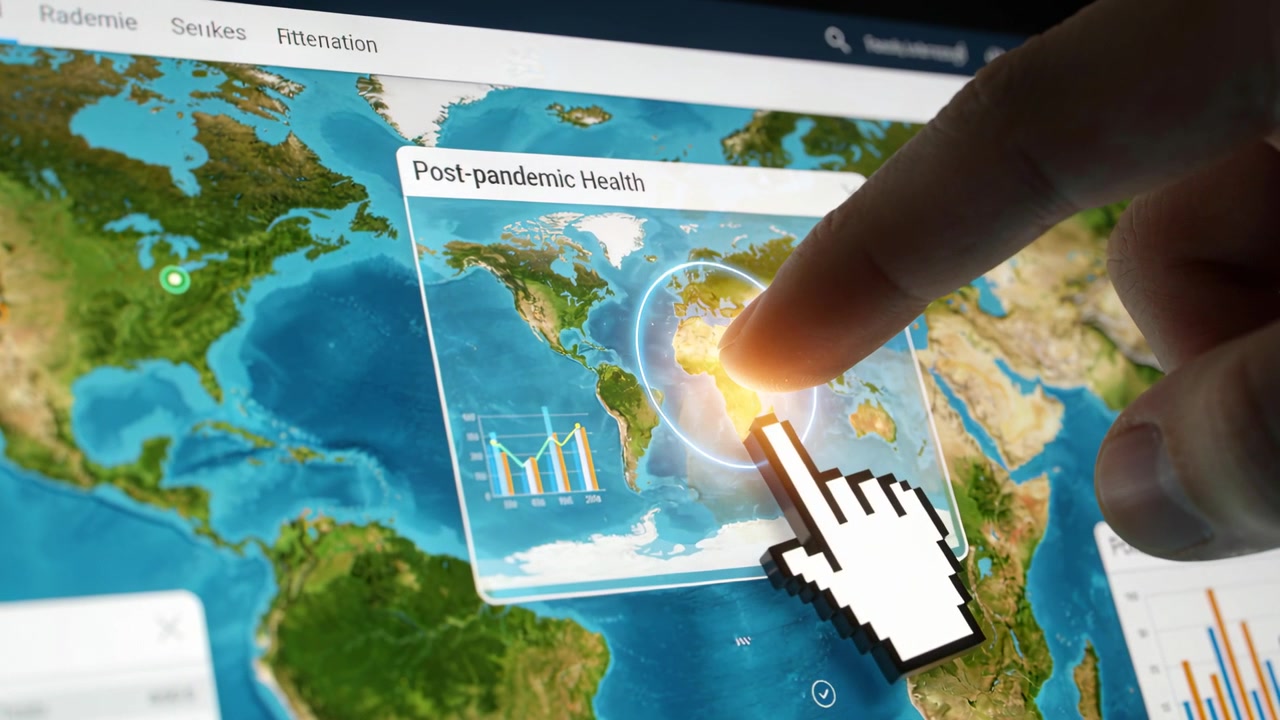 Approaching right finger tapping Post-pandemic Health dashboard, reviewing data, cursor, copy space