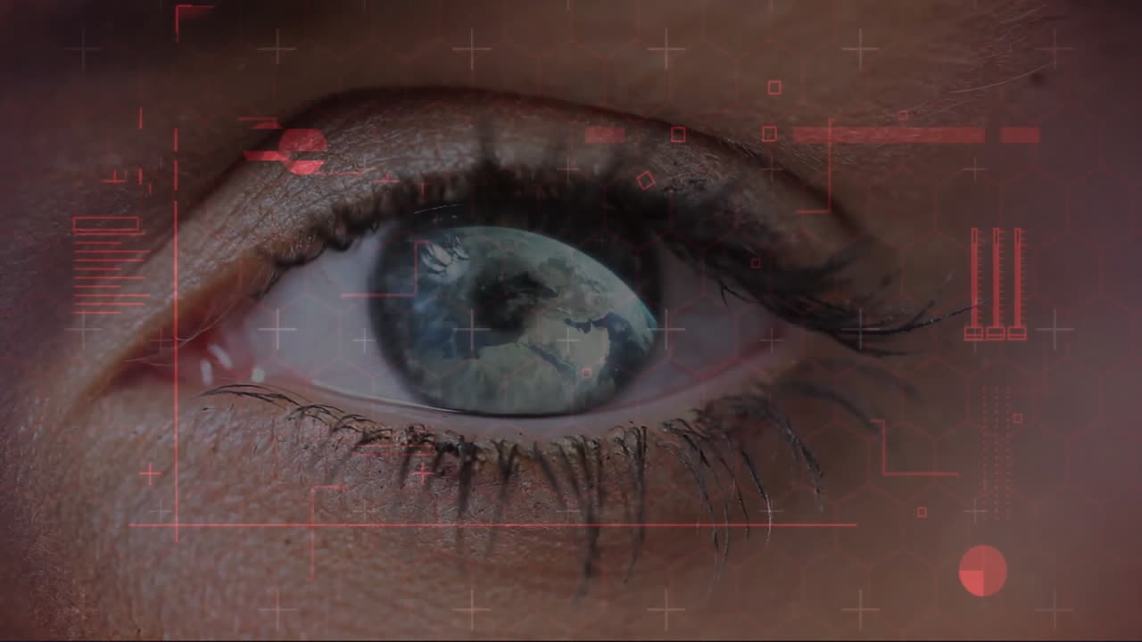 Digital interface overlaying human eye, suggesting technology integration with animation