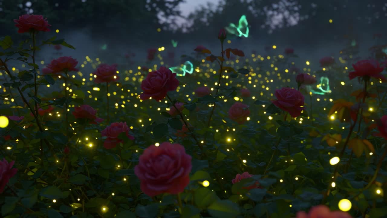 A Magical Evening in a Blooming Rose Garden, Illuminated by Glowing Fireflies and Ethereal Butterflies Dancing Amidst a Sea of Vibrant Pink Petals