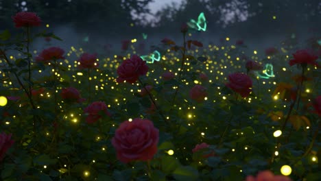 a magical evening in a blooming rose garden, illuminated by glowing fireflies and ethereal butterflies dancing amidst a sea of vibrant pink petals