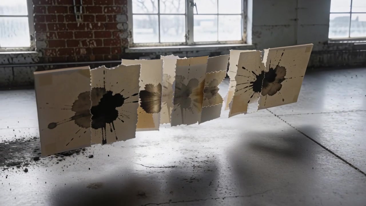 Floating six joined panels appearing above warehouse floor, separating and rotating