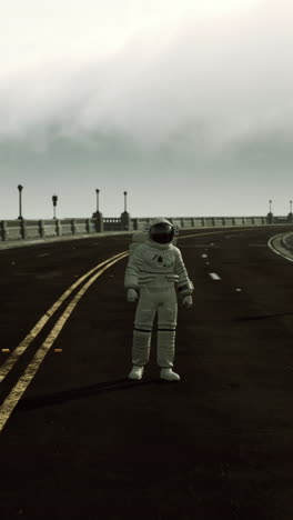 astronaut standing on a deserted road in a futuristic city